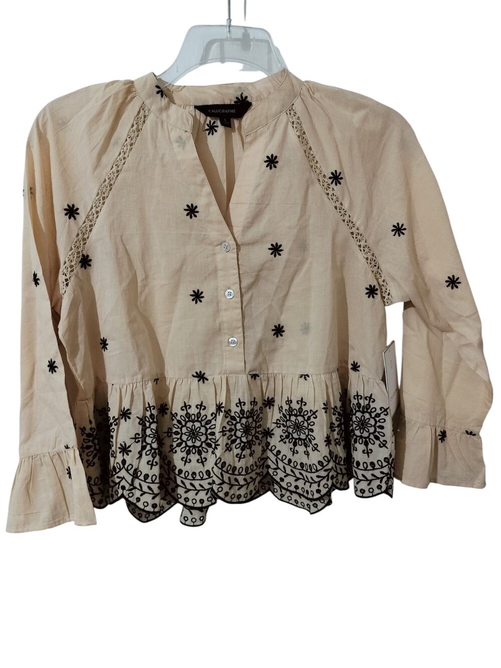 5815) Calligraphie Cream Embroidery Peasant Peplum Cropped Blouse Small